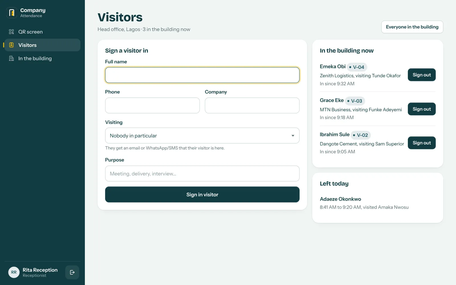 Visitor sign-in screen at reception